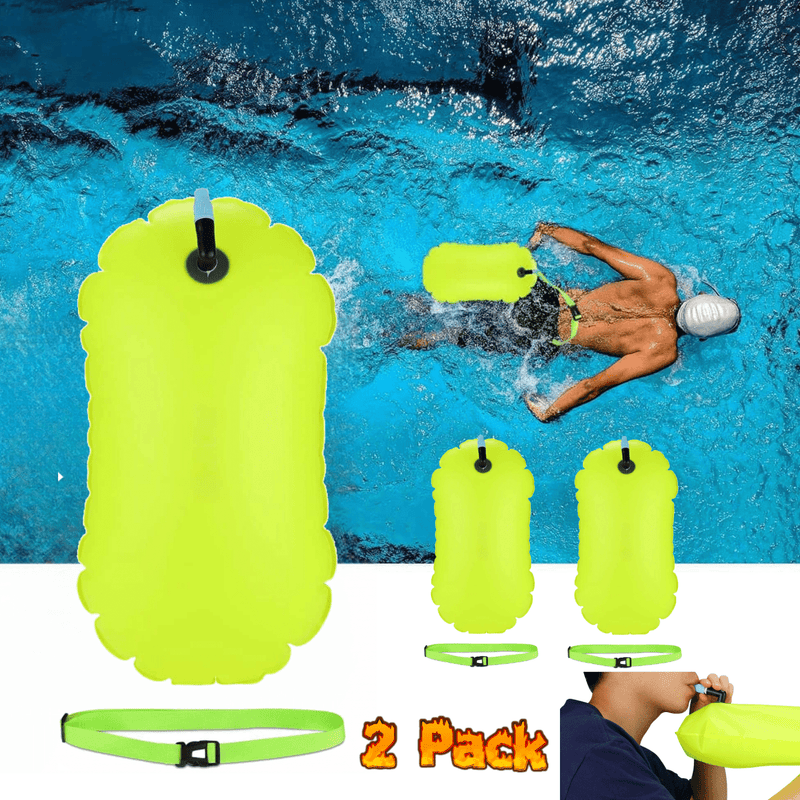 Swim Buoy for Open Water with Dry Bag,2 Pcs Floating Device with Built-in Waterproof Swimming Bag for Beginners,Highly Visible Ocean Tow Float with Adjustable Waist Straps,Green PVC